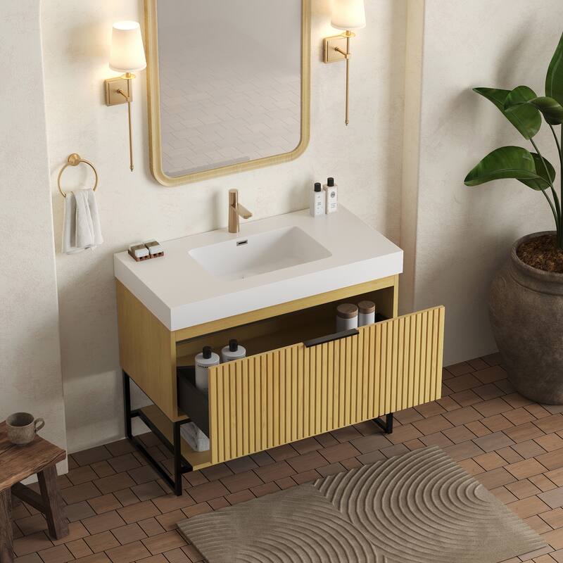 GDFStudio - Yolan 36" Freestanding Bathroom Vanity with Drawer & Open Shelf, Corolla Oak Finish & Ceramic Basin - White