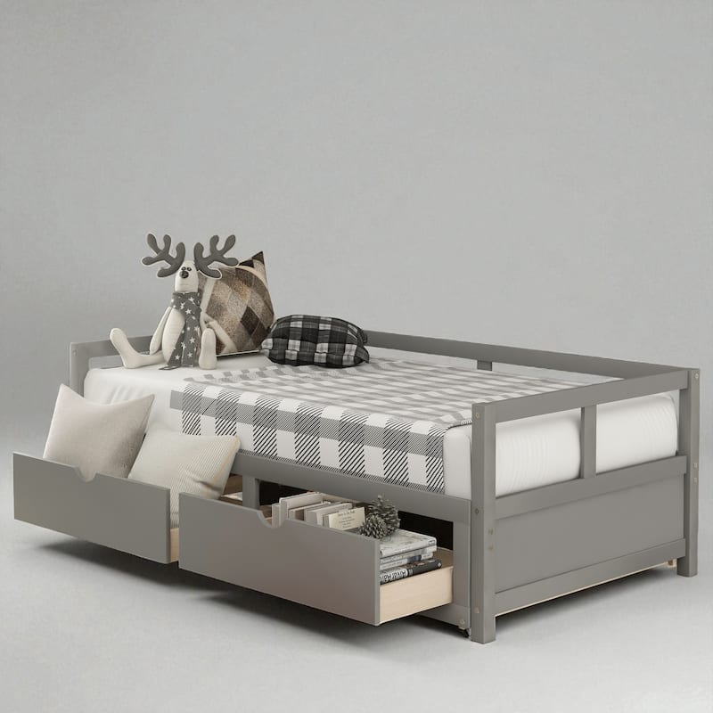 Extendable Wooden Daybed with Trundle and Storage Drawers, Twin to King Size, Sofa Bed with Slats - Grey - Twin