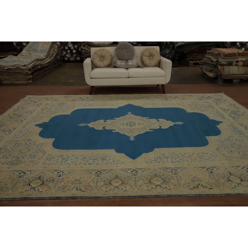 Hand Knotted Oriental 100% Wool Carpet Traditional Medallion Navy Blue & Blues Kerman Area Rug - 12' 3'' X 9' 7''