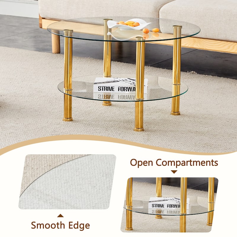 Roomfitters Double Layer Glass Coffee Table with Gold Legs, 27.5" Top and 23.6" Bottom, Modern Minimalist Design