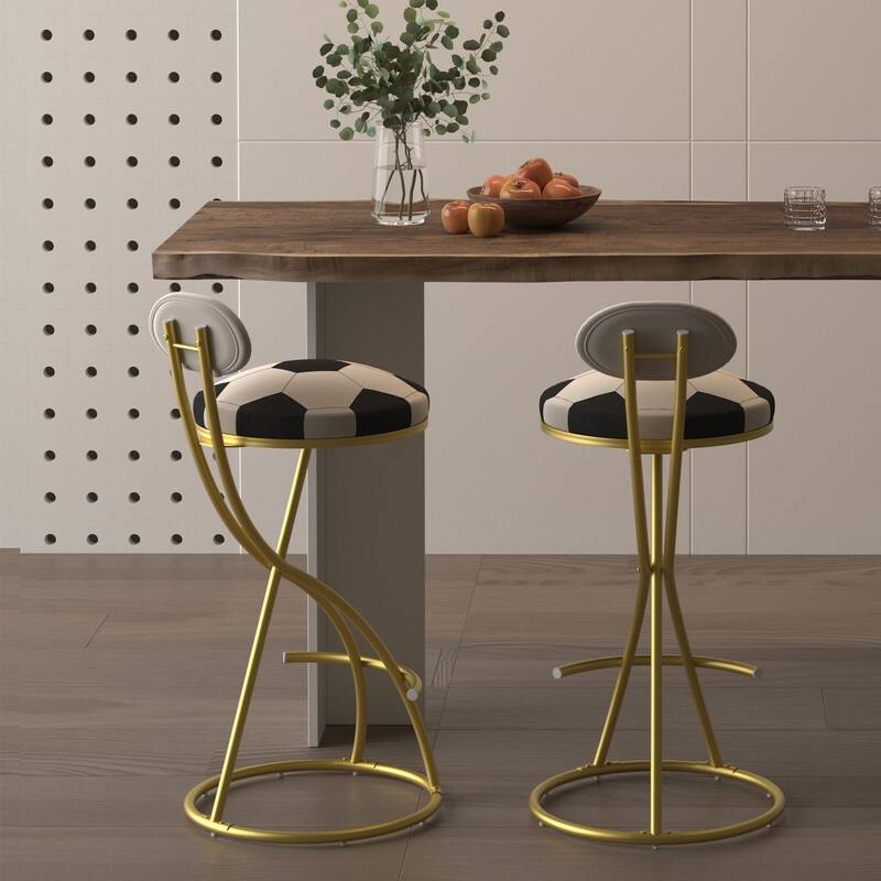 Football Print Bar Stools Set of 2 Upholstered Counter Height Barstool for Kitchen Island S-shaped Velvet Metal Dining Chairs