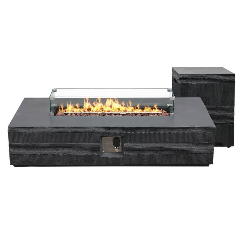 Patio Watcher 56in. Outdoor Rectangle Magnesium Oxide Fire Pit Table with Gas Tank Cover and Wind Guard