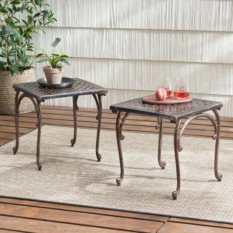 Roomfitters Cast Aluminum Outdoor Side Table Set of 2, Weather Resistant Patio Accent Tables with Lattice Design, Bronze