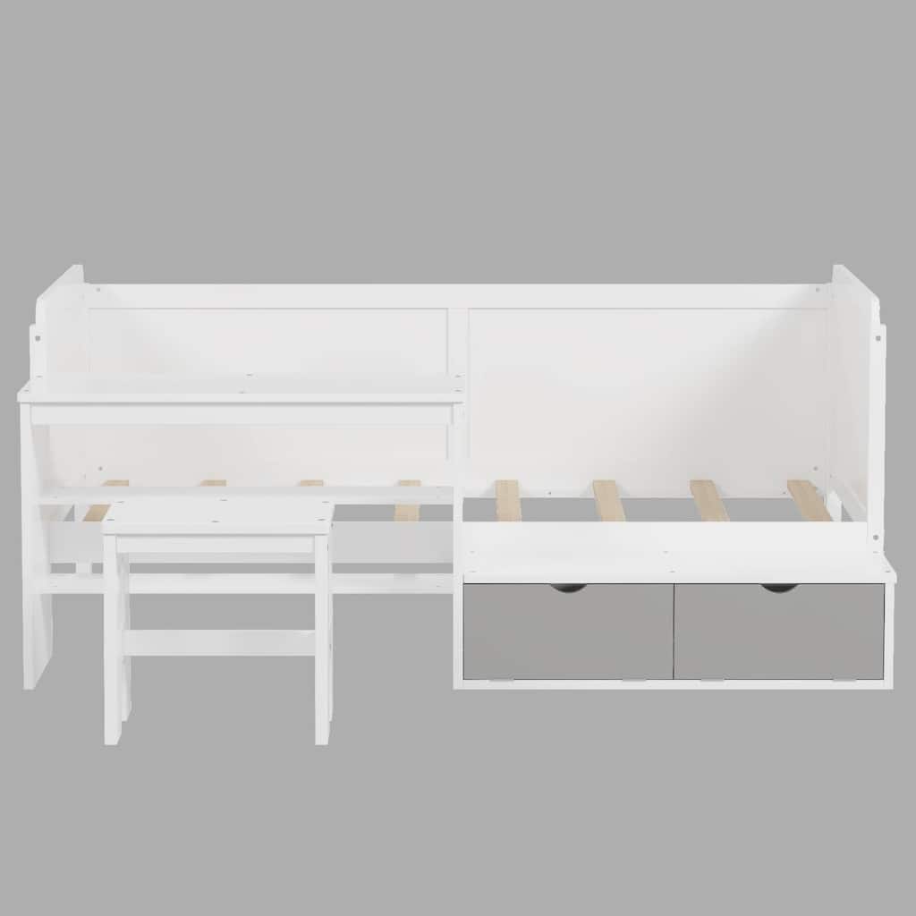 Multifunctional Wooden Twin Daybed with Desk, Storage Shelves, Lockers, and Matching Stool