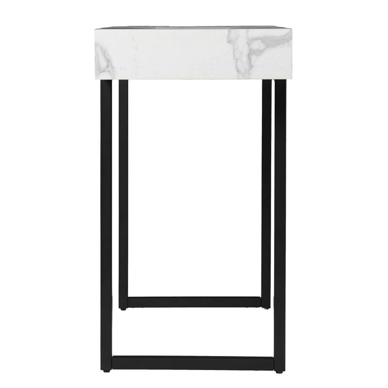 White Faux Marble Rectangular Console Table with Black Iron Sled Base - 9.25” L x 15.5” W x 29.75” H
