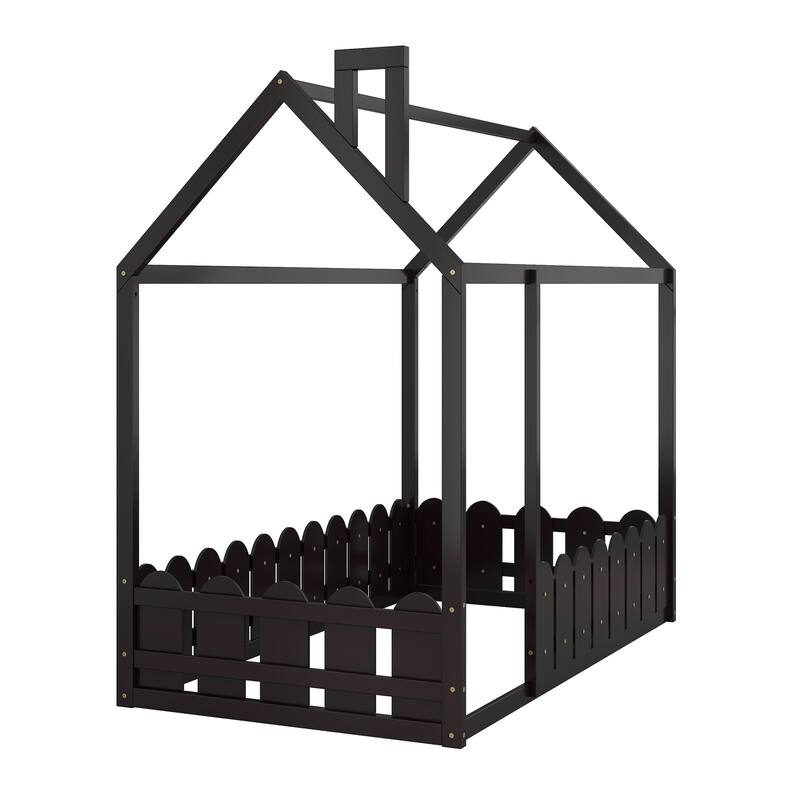 Twin Size House Bed with Roof and Fence, Semi-Enclosed Design for Kids' Play and Sleep