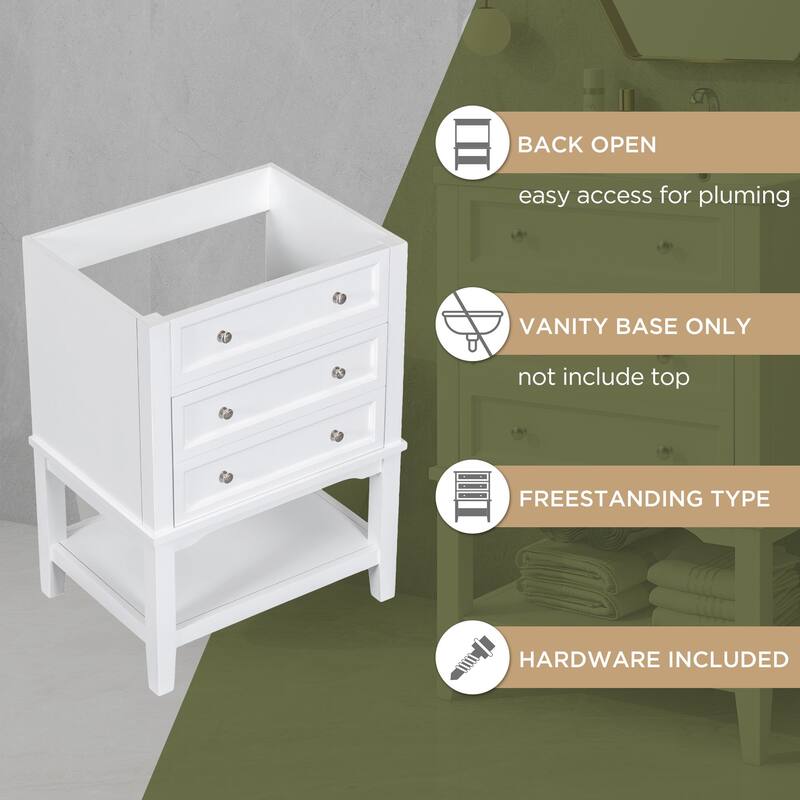 24" White Bathroom Vanity Base - Solid Wood & MDF Cabinet, Open Shelf & Drawer, Freestanding Design