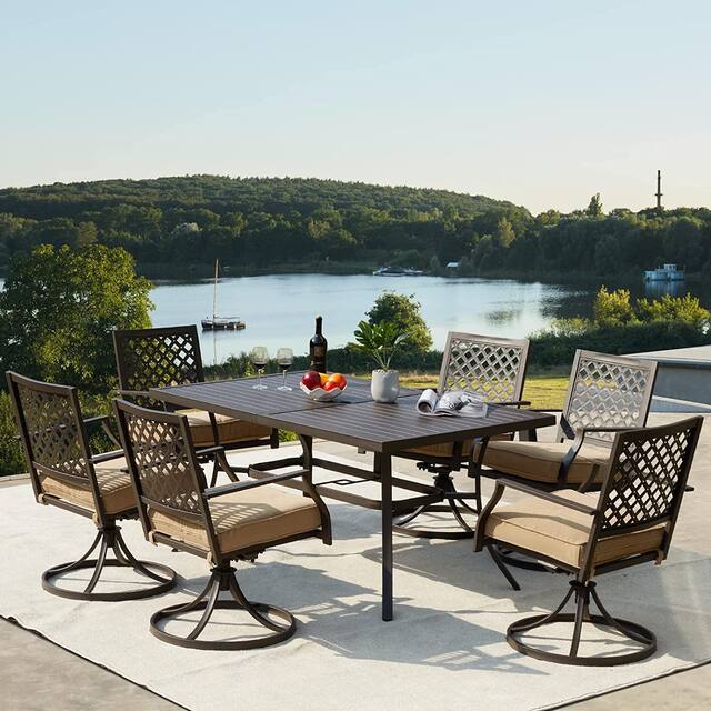 EROMMY 7 Pieces Patio Dining Set Metal Outdoor with Umbrella Hole