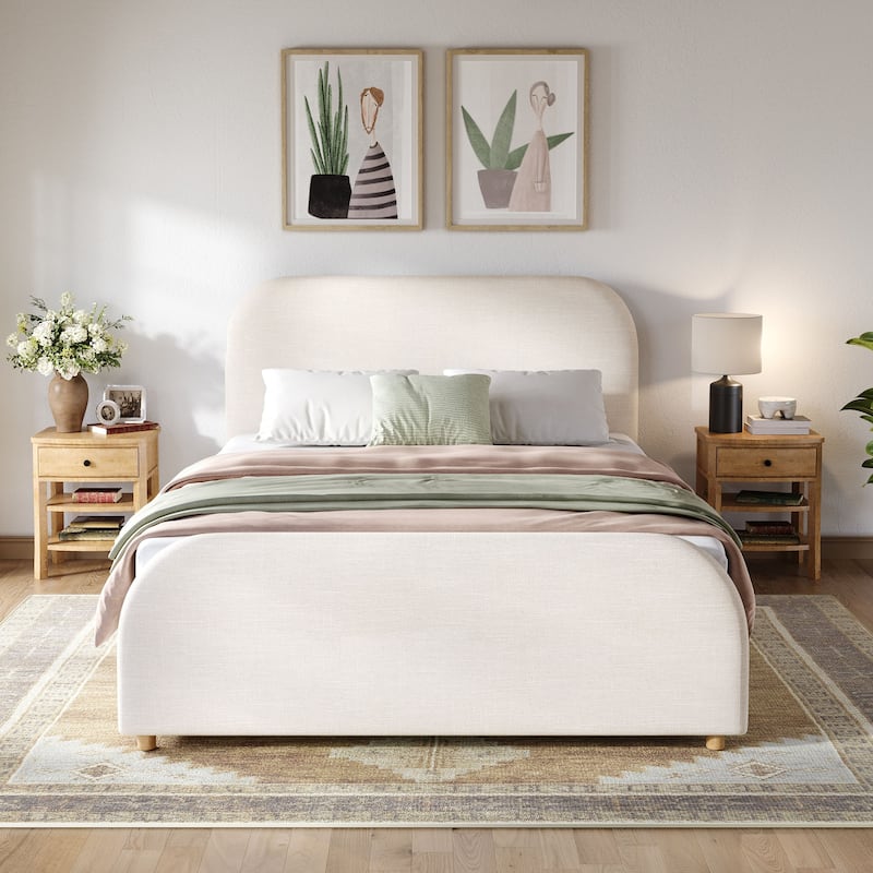 Christopher Knight Home - Thalassa Linen Bed Frame with Curved Headboard and Solid Wood Legs