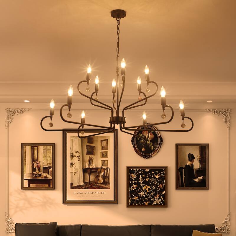 12-Light Black Metal Chandelier with Adjustable Chain