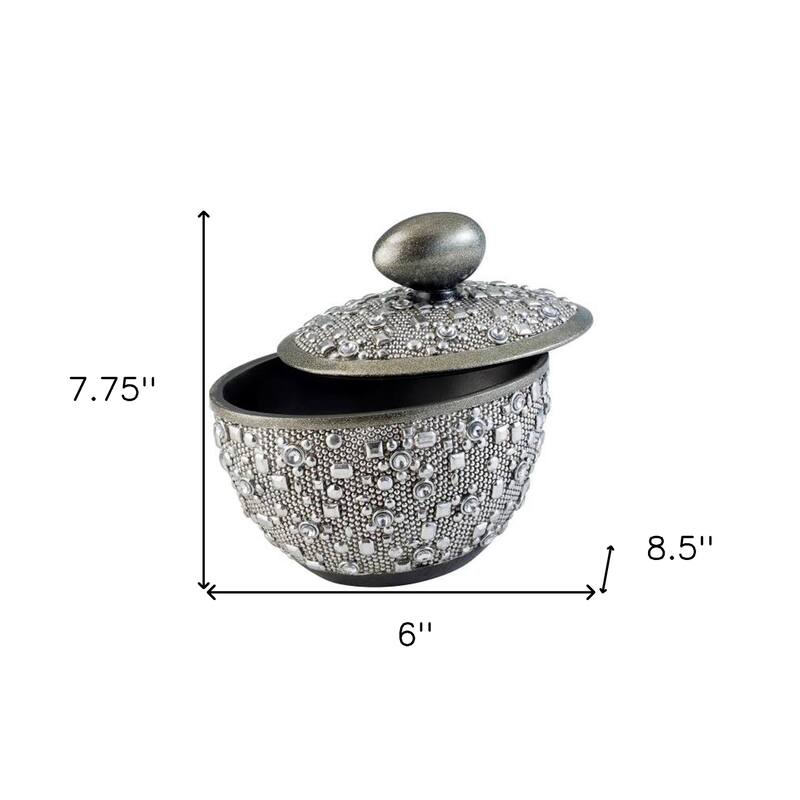 9" Silver Resin Jewelry Box With Gemstones and Crystals