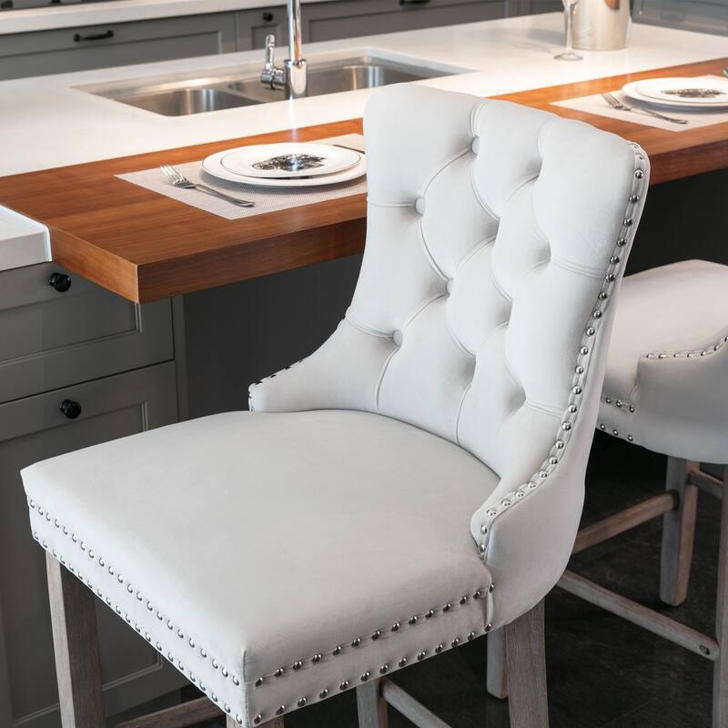 2 Piece High Back Bar Stool Set, Velvet Upholstered Bar Stool with Nailhead Trim Wood Legs, Decorative Bar Stool