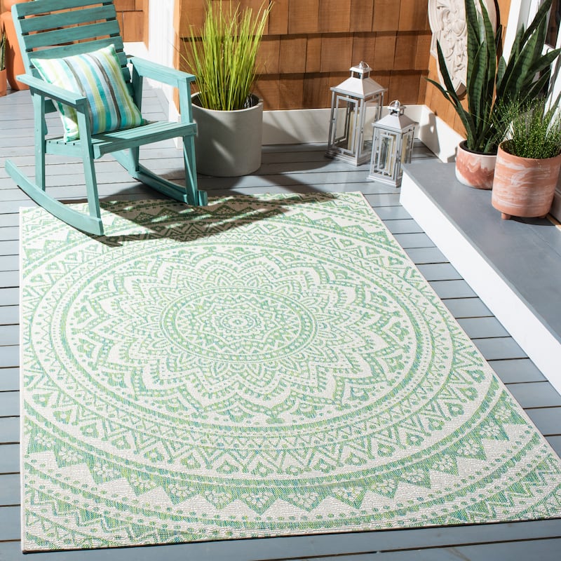 SAFAVIEH Courtyard Fran Mandala Indoor/ Outdoor Waterproof Patio Backyard Rug - 9' x 12' - Ivory/Green