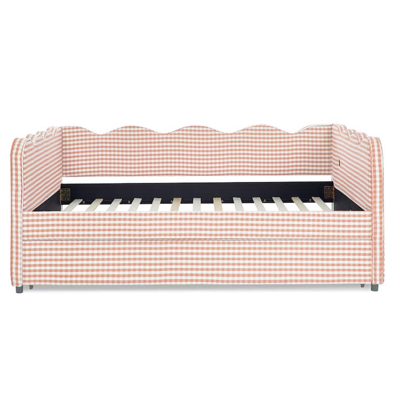 Full Size Gingham Daybed with Twin Trundle, USB Port, Wave Shaped Design & Linen Fabric - No Box Spring Needed