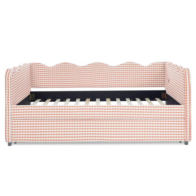 Upholstery Daybed Full Size Sofa Bed with Twin Size Trundle and Charging Ports, Linen Fabric Plaid Pattern and Wavy Silhouette