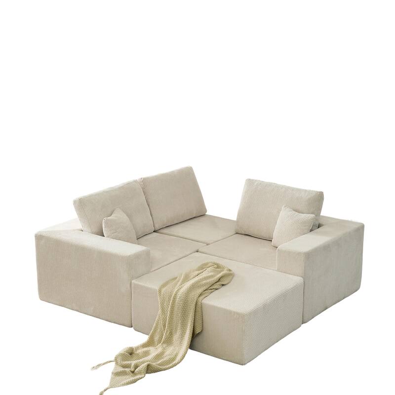 Modular L Shaped Sectional Sofa with Ottoman, Corduroy Boneless Cloud Sofa, 3 Seater Upholstered Sofa with 2 Pillows