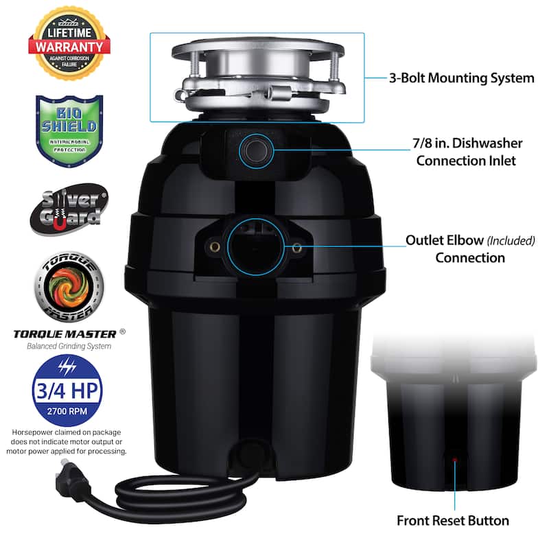 Waste Maid 3/4 HP Deluxe Garbage Disposal with Attached Power Cord - 3/4 hp