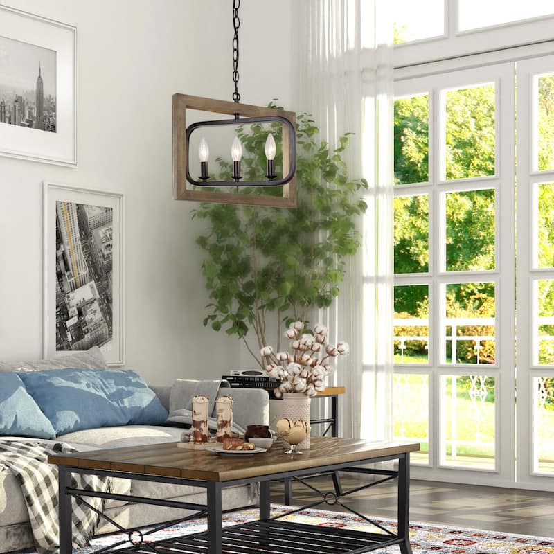 Farmhouse 3-Light Wood Kitchen Island Pendant Lights Adjustable Frame - L17"xW13.5"xH14.5"