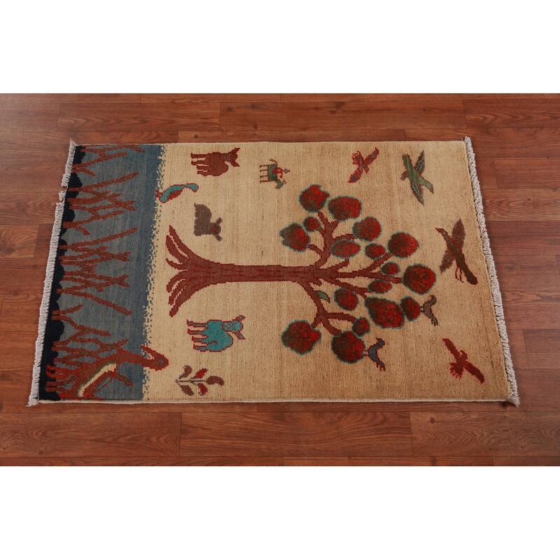 Animals Pictorial Kazak Oriental Foyer Rug Hand-Knotted Wool Carpet - 2'0"x 3'0"