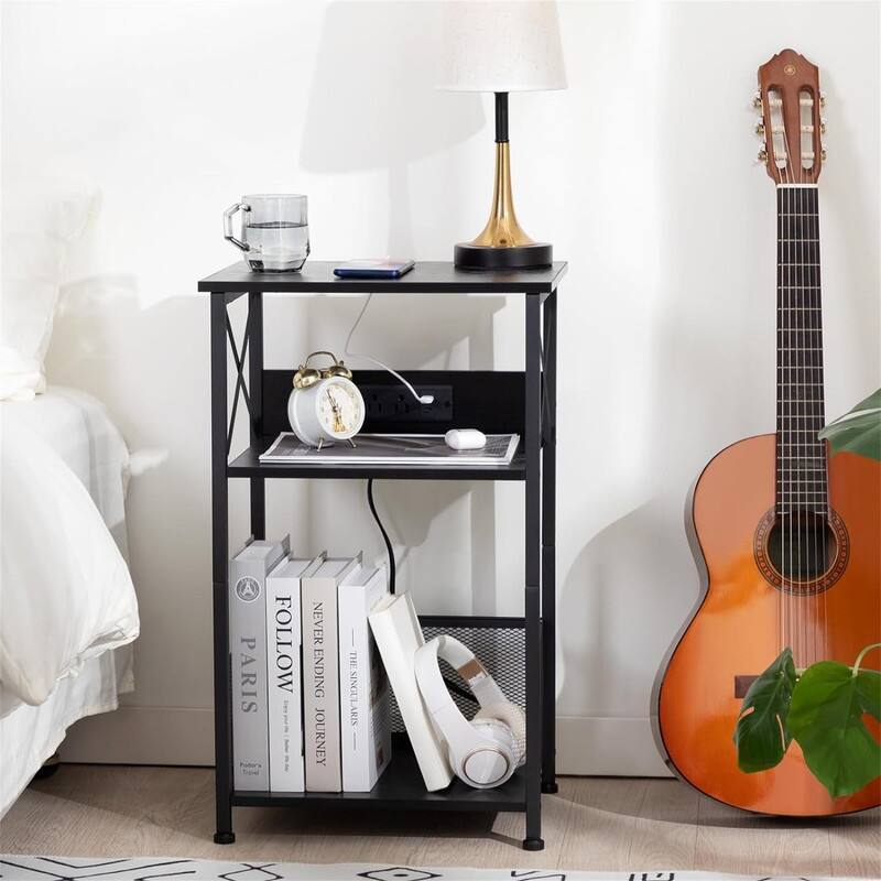 Record Player Stand with Charging Station - 15.75 x 11.41 x 25.59  - Small Black