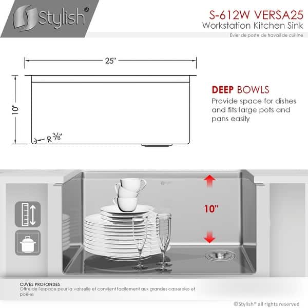 dimension image slide 0 of 2, STYLISH 25 inch Stainless Steel 16G Workstation Undermount Kitchen Sink - 25" x 19" x 10"