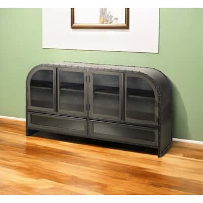 HomeRoots 62" Dark Brown Iron Two Drawer Sideboard with Four Glass Doors - 16.5' X '33.3' X '62.3