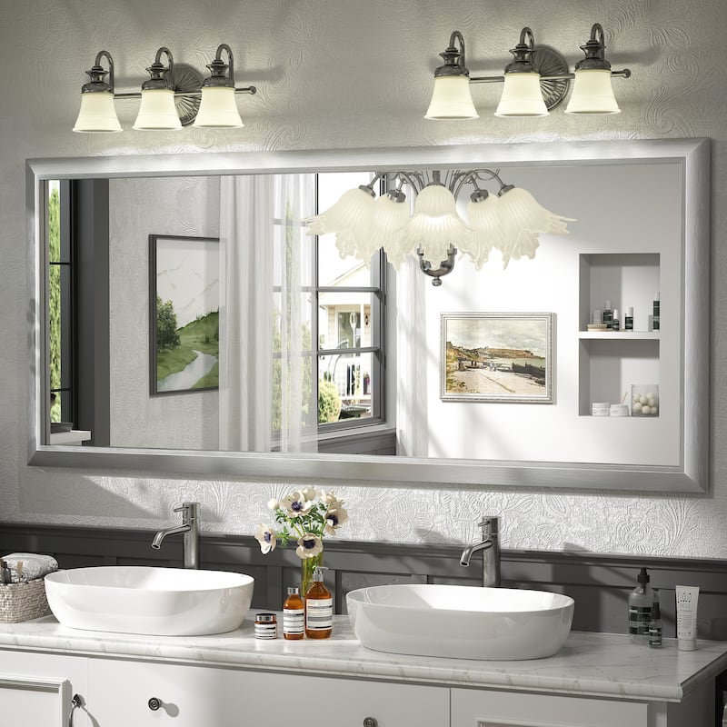Beveled Metal Rectangle Framed Bathroom Vanity Tempered Glass Mirrors - 72" x 32" - Silver