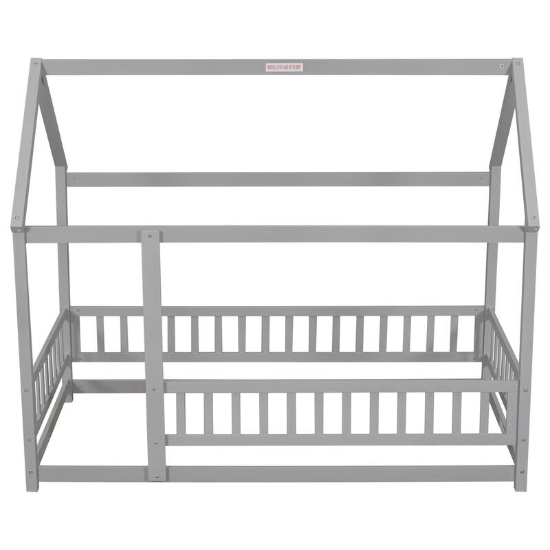 Floor Wooden Bed with House Roof Frame, Fence Guardrails