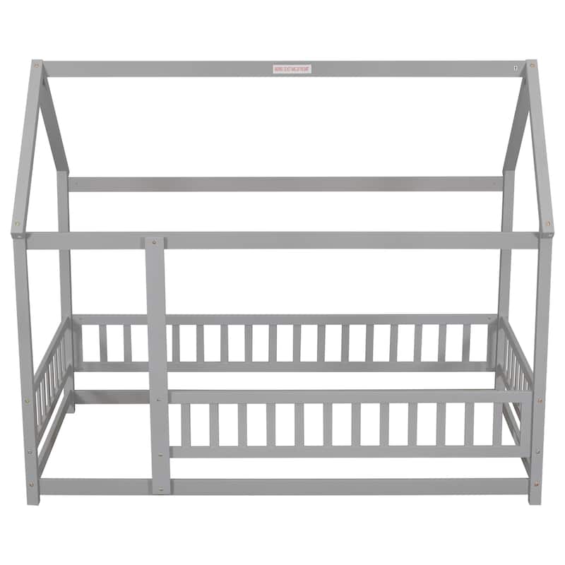 Twin Size Floor Wooden Bed with House Roof Frame