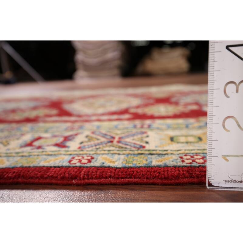 Red Geometric Kazak Foyer Rug Handmade Wool Carpet - 3'3" x 5'0"