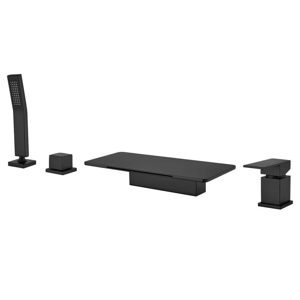 Deck Mount Waterfall Tub Faucet with Handheld Shower Brass 4 Holes Modern Roman Bathtub Filler with Hand Sprayer