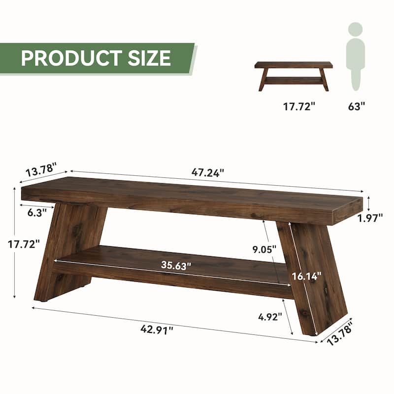 Solid Wood Entryway Bench, 2-Tier Shoe Bench with Open Shelves
