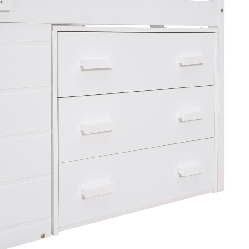 Compact Twin Loft Bed with Cabinet, Shelf, and Storage Drawers in White, Gray, or Espresso