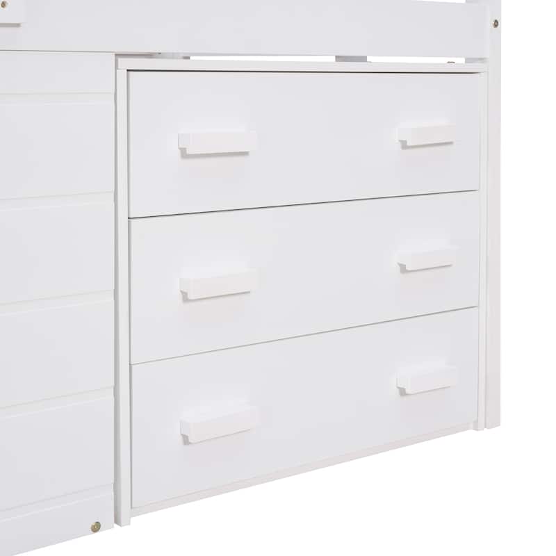 Twin Size Loft Bed with Cabinet and Shelf - White