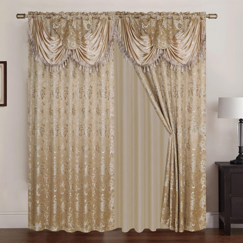 Clayton Jacquard Rod Pocket Curtain Panel Pair with Attached Valance - Taupe
