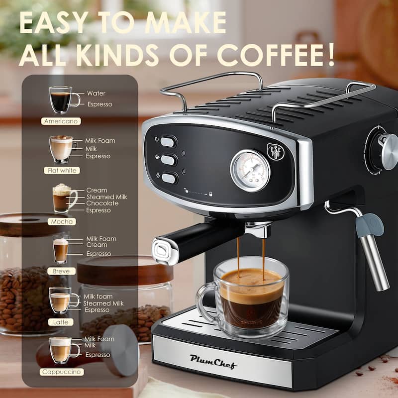 Anmytek 20 Bar Retro Espresso Machine with Steam Wand Black Chrome Finish for Home Barista Cappuccino Latte