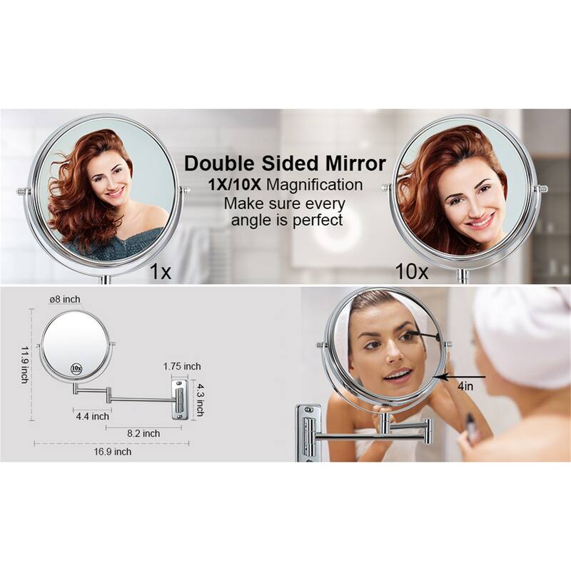 Wall Mount Makeup Mirror 10x Magnification Double-Sided Swivel Mirror