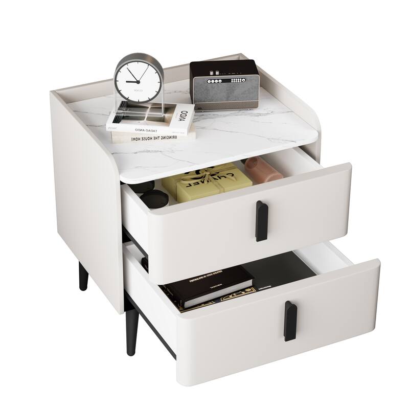 Nightstand with 2 Drawers & Support Legs, Coffee Table with Marble Pattern Tabletop, Large Capacity Sofa Side Table