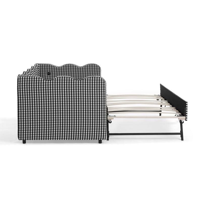 Linen Fabric Gingham Daybed with Trundle, Twin Size Sofa Bed with USB Port and Adorable Wave Shaped Headboard