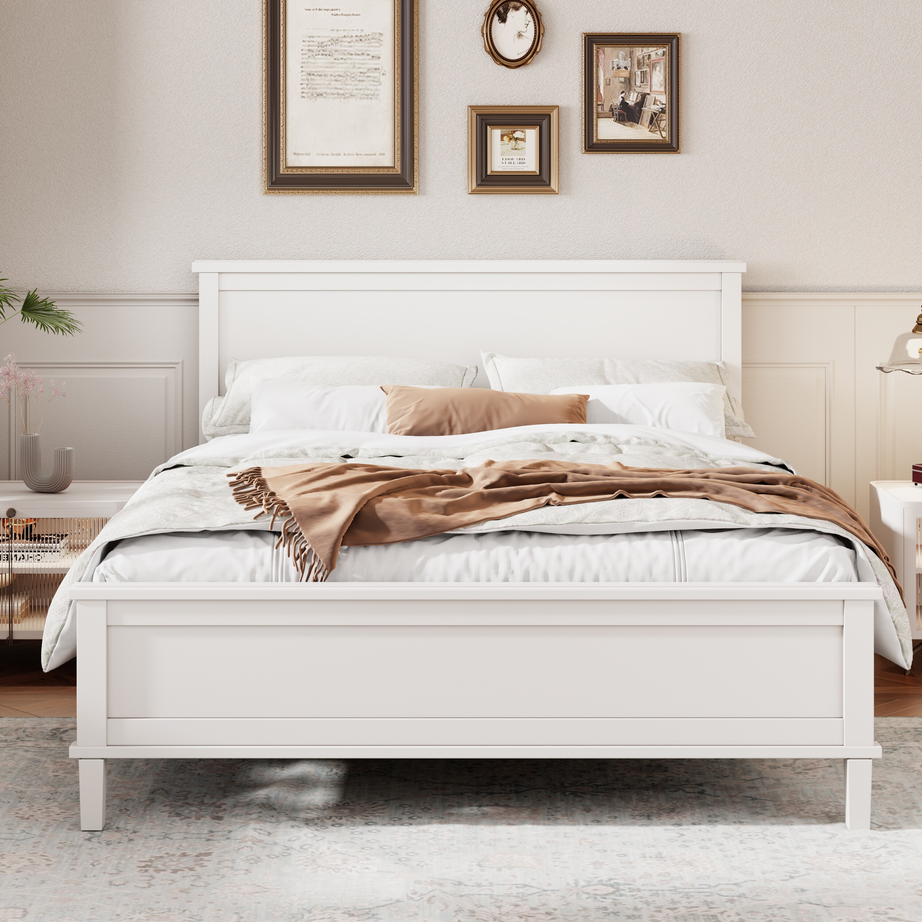 Mid-Century Wood Platform Bed with Headboard and Wood Slat