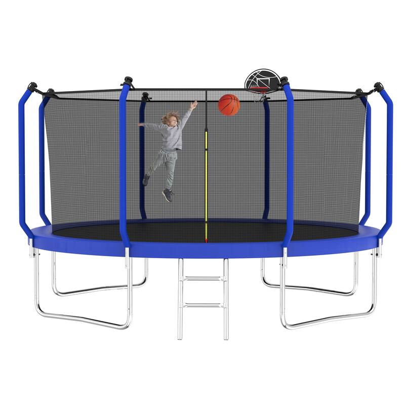 Outdoor Trampoline with Safety Net, Basketball Hoop & Ladder