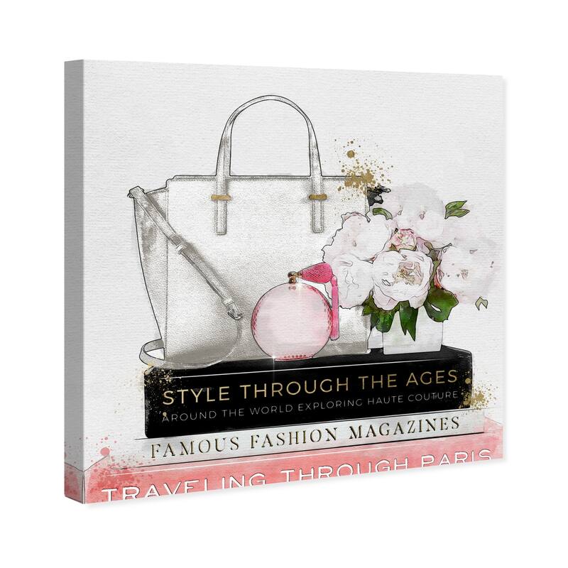 Wynwood Studio Fashion and Glam White Purse White Flowers and Essentials White and Glam Wall Art Canvas Print