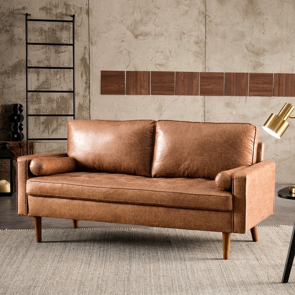 Shop Ovios High Back Couch Mid-century Spring Top Grain Leather Wood ...