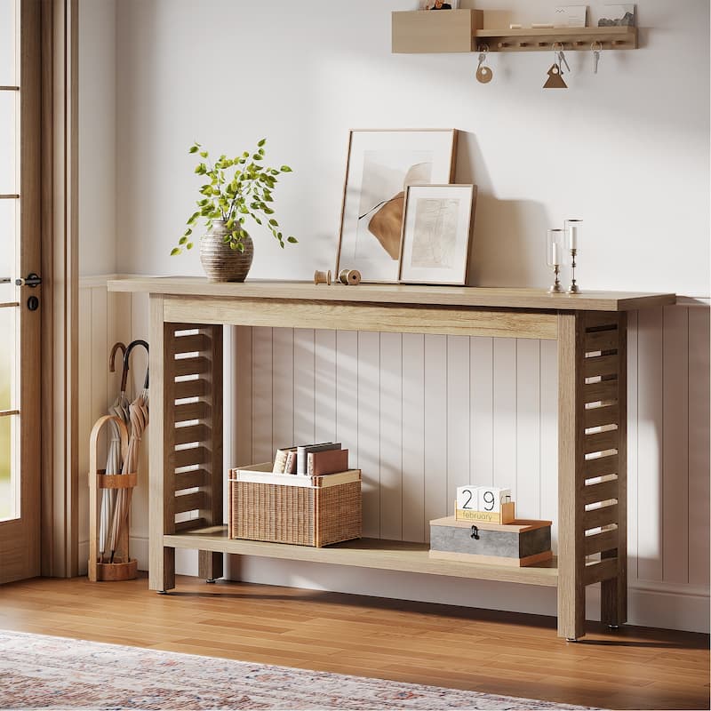 2-Tier Farmhouse Console Table for Foyer, Hallway, Living Room (Oak)