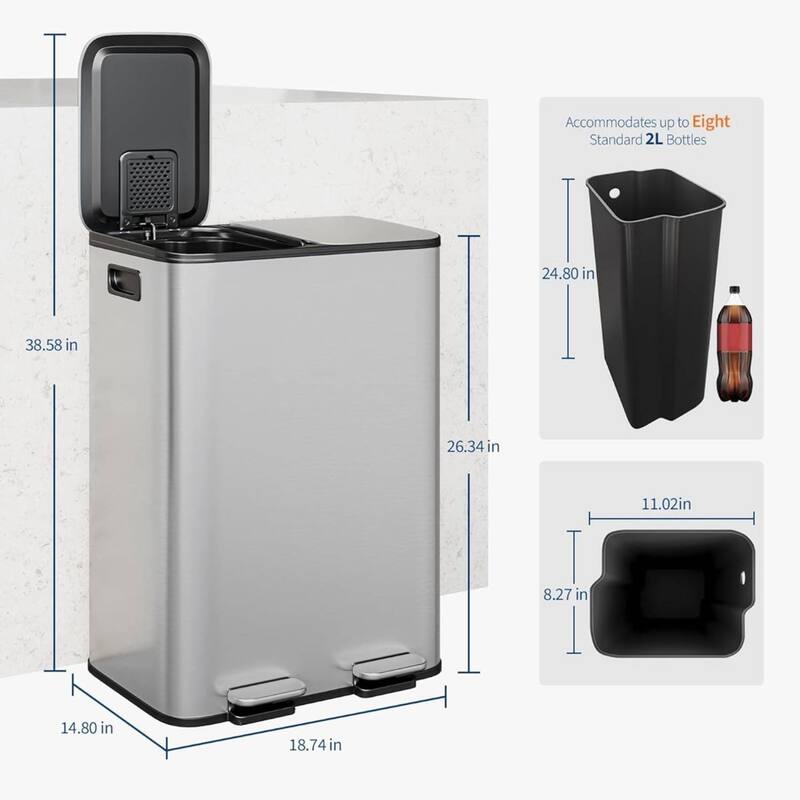 2 x 8 Gal Double Trash Can, Stainless Steel Dual Compartment Step-On Trash Can for Kitchen
