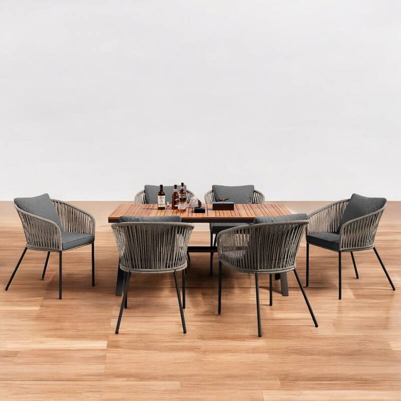 7-Piece Outdoor Patio Dining Set with Rope Weave Chairs, Cushions & Adjustable Feet - Ideal for Patio, Garden & Balcony - Grey