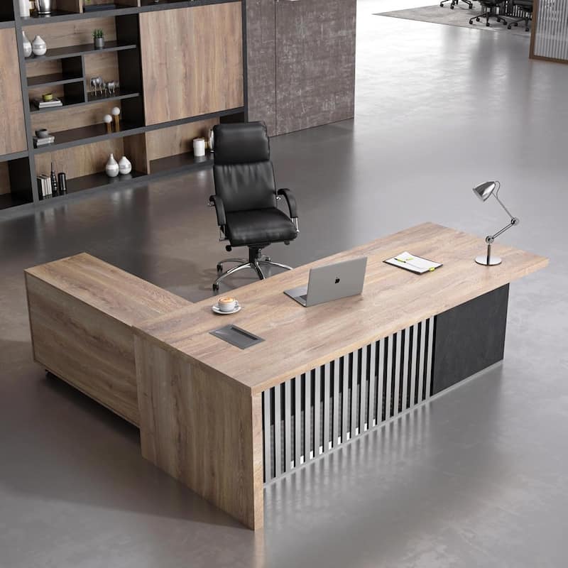 WESOME L-shaped Executive Office Desk with 2 Drawers 4 Wheels File Cabinets Cable Management - 70.8inch - Right Return+Cabinet