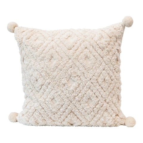 Cotton Tufted Pillow with Pom Poms, Cream Color
