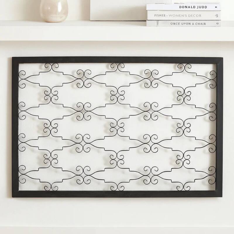 Rectangular Metal Frame Wall Decor with Curved Design Accents, Black