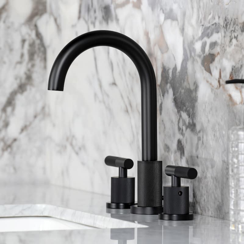 Kingston Brass Convergent Two-Handle 3-Hole Deck Mount Widespread Bathroom Faucet with Knurled Handle and Brass Pop-Up Drain